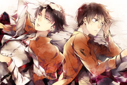 2boys ascot bad_id bad_pixiv_id belt black_hair brown_hair eren_yeager futaba_hazuki jacket levi_(shingeki_no_kyojin) multiple_boys shingeki_no_kyojin