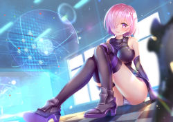 Rule 34 | 1girl, :d, armor, armored dress, asanogawa (tutufcc), bare shoulders, black dress, black footwear, black gloves, black thighhighs, blurry, blurry foreground, blush, boots, breasts, checkered floor, commentary request, day, depth of field, dress, dutch angle, elbow gloves, fate/grand order, fate (series), gloves, hair over one eye, hand on own knee, head tilt, high heel boots, high heels, indoors, large breasts, looking at viewer, mash kyrielight, open mouth, panties, pink hair, purple eyes, short hair, sitting, sleeveless, sleeveless dress, smile, solo, striped clothes, striped panties, sunlight, thighhighs, underwear, window
