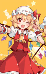 Rule 34 | 1girl, ;d, ascot, blonde hair, blush, bow, clone, collared shirt, cowboy shot, crystal, crystal wings, fangs, flandre scarlet, frilled cuffs, frills, hat, hat bow, highres, kirero, looking at viewer, mob cap, multicolored wings, multiple persona, one eye closed, one side up, open mouth, puffy short sleeves, puffy sleeves, reaching, red eyes, red skirt, red vest, shirt, short hair, short sleeves, skirt, skirt set, smile, solo, star (symbol), touhou, twitter username, vest, white hat, white shirt, wings, wrist cuffs, yellow ascot, yellow background