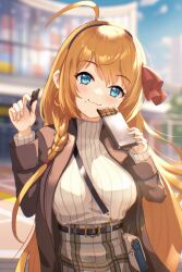 Rule 34 | 1girl, ahoge, bag, belt, black belt, black hairband, blazer, blue eyes, blurry, blush, breasts, brown jacket, brown sweater, candy, chocolate, chocolate bar, closed mouth, eating, food, hairband, highres, holding, holding chocolate, holding food, jacket, large breasts, long hair, looking at viewer, okg, open clothes, open jacket, orange hair, outdoors, pecorine (princess connect!), pecorine (real) (princess connect!), plaid, plaid skirt, princess connect!, ribbed sweater, skirt, solo, sweater, sweater tucked in, turtleneck, turtleneck sweater, upper body