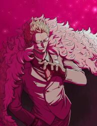 Rule 34 | 1boy, arm up, black shirt, blonde hair, buttoned cuffs, buttons, coat, donquixote doflamingo, earrings, feather coat, formal, gloves, grin, hand in pocket, jewelry, k-4000, male focus, necktie, one piece, pink coat, red background, red suit, shadow, shirt, short hair, smile, suit, sunglasses, upper body