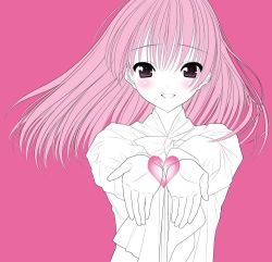 Rule 34 | 1girl, blush, face, heart, kisaragi mizu, long hair, monochrome, original, pink background, pink hair, smile, solo