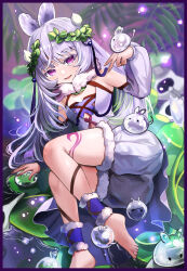 Rule 34 | 1girl, barefoot, breasts, detached sleeves, duel monster, fur trim, gradient hair, green hair, grey hair, highres, jetihyeon, laurel crown, leg tattoo, long hair, long sleeves, looking at viewer, lying, multicolored hair, open mouth, puffy pants, purple eyes, small breasts, smile, solo, swept bangs, tattoo, traptrix cularia, white background, yu-gi-oh!