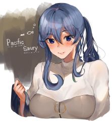Rule 34 | 1girl, bad id, bad twitter id, blue eyes, blue hair, commentary request, gotland (kancolle), hair bun, inusaka, kantai collection, lips, long hair, looking at viewer, mole, mole under eye, sidelocks, single hair bun, smile, solo, sweater, turtleneck, upper body, white sweater