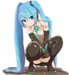 Rule 34 | 00s, 1girl, between breasts, blue eyes, blue hair, boots, breasts, covering privates, covering crotch, detached sleeves, hatsune miku, headphones, long hair, looking at viewer, matching hair/eyes, microsd (pibo), necktie, necktie between breasts, skirt, solo, squatting, thigh boots, thighhighs, twintails, very long hair, vocaloid