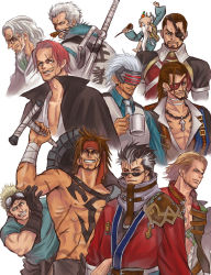 Rule 34 | 00s, 1990s (style), 6+boys, ace attorney, arisue kanako, auron, basch fon ronsenburg, beard, black hair, blonde hair, brown hair, cane, capcom, cape, character request, chest tattoo, choker, cid highwind, cigar, clothes writing, coat, coffee mug, crossover, cup, earrings, eyepatch, facial hair, final fantasy, final fantasy vii, final fantasy x, final fantasy xii, food, fruit, fur trim, gerald (radiata stories), glasses, gloves, godot (ace attorney), goggles, goggles on head, grin, jacket, jacket on shoulders, jecht, jewelry, level-5, male focus, manly, mr orange, mug, multicolored hair, multiple boys, multiple crossover, necktie, old, old man, one-eyed, one piece, ookami (game), open clothes, open coat, orange (fruit), pendant, phoenix wright: ace attorney - trials and tribulations, radiata stories, red hair, retro artstyle, rogue galaxy, scar, scar across eye, scar on face, shanks (one piece), shirt, silvers rayleigh, smile, smoker (one piece), smoking, square enix, streaked hair, sunglasses, sword, tattoo, topless male, tri-ace, visor, weapon, white background, white hair, zegram ghart