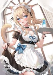 Rule 34 | 1girl, absurdres, alternate costume, animal ear fluff, animal ears, apron, black choker, black dress, black ribbon, blonde hair, blue bow, blue eyes, blush, bow, breasts, cat ears, cat girl, choker, cleavage, detached sleeves, dress, drink, enmaided, floating hair, frilled apron, frilled dress, frilled hairband, frilled sleeves, frills, genshin impact, hairband, harukix, highres, holding, holding tray, indoors, jean (genshin impact), looking to the side, maid, maid apron, medium breasts, open mouth, ribbon, sidelocks, skirt hold, smile, solo, standing, tail, tray, twitter username, white hairband, wrist ribbon, yellow tail
