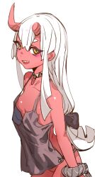 Rule 34 | 1girl, black bow, bow, bow (bhp), breasts, broken horn, choker, colored skin, commentary request, demon girl, hair between eyes, hair bow, horns, long hair, looking at viewer, original, red horns, red skin, simple background, small breasts, solo, white background, white hair, yellow eyes