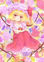 Rule 34 | 1girl, absurdres, ascot, blonde hair, closed mouth, collar, collared shirt, crystal, eyes visible through hair, flandre scarlet, frills, hair between eyes, hat, highres, jewelry, mob cap, multicolored wings, one side up, red eyes, shirt, short hair, solo, tomoe (fdhs5855), touhou, white shirt, white sleeves, wings, yellow ascot