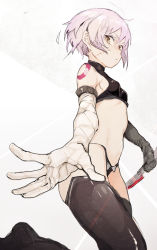 Rule 34 | 1girl, armpit peek, black panties, black thighhighs, breasts, brown eyes, closed mouth, crop top, elbow gloves, facial scar, fate/grand order, fate (series), gloves, hair between eyes, highres, hiranko, holding, holding knife, jack the ripper (fate/apocrypha), knife, looking at viewer, looking down, navel, panties, pink hair, scar, scar on cheek, scar on face, short hair, sleeveless, small breasts, solo, thighhighs, turtleneck, underwear, white gloves