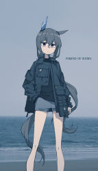 Rule 34 | 1girl, absurdres, admire vega (umamusume), beach, black jacket, black shirt, blue shorts, closed mouth, commentary, ear covers, english text, expressionless, grey eyes, grey hair, grey sky, hand in pocket, highres, horse girl, jacket, long hair, looking at viewer, low ponytail, muted color, neonfloyd, ocean, sand, shirt, shorts, sidelocks, single ear cover, sky, solo, umamusume, very long hair