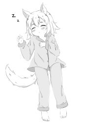 Rule 34 | 1girl, animal ear fluff, animal ears, barefoot, captain lamb, child, closed eyes, female focus, full body, greyscale, highres, long sleeves, monochrome, original, pajamas, short hair, simple background, sketch, sleeping, solo, tail, wolf ears, wolf tail, zzz