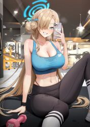 Rule 34 | 1girl, absurdres, alternate costume, asuna (blue archive), blonde hair, blue archive, blue eyes, blue nails, blue sports bra, breasts, ceiling light, cellphone, collarbone, covered erect nipples, dumbbell, grin, gym, hair bun, hair over one eye, halo, highres, holding, holding phone, kkuni, large breasts, long hair, midriff, mole, mole on breast, navel, pants, panty straps, phone, revision, selfie, sitting, smartphone, smile, solo, sports bra, stomach, sweat, teeth, very long hair, yoga pants
