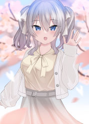 Rule 34 | 1girl, :d, absurdres, alternate costume, beige blouse, blue eyes, casual, cherry blossoms, fang, grey skirt, hair ribbon, highres, jacket, kantai collection, kashima (kancolle), looking at viewer, open mouth, ribbon, silver hair, skirt, sleeves past wrists, smile, solo, twintails, wavy hair, white jacket, white ribbon, yoshino (mfmfpng)