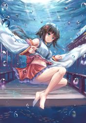 Rule 34 | 1girl, barefoot, black hair, blue eyes, blush, breasts, bubble, detached sleeves, full body, hair ornament, highres, japanese clothes, large breasts, light rays, long hair, looking at viewer, midriff, navel, original, ribbon-trimmed sleeves, ribbon trim, sitting, solo, tama satou, underwater