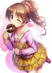 Rule 34 | 1girl, blush, breasts, brown hair, character request, cleavage, collarbone, doughnut, eating, floating hair, food, frilled skirt, frills, hair ornament, hair scrunchie, highres, idolmaster, idolmaster cinderella girls, jewelry, layered skirt, leg up, long hair, long sleeves, looking at viewer, medium breasts, ment, miniskirt, necklace, pink scrunchie, pink shirt, pleated skirt, ponytail, purple eyes, red footwear, scrunchie, shadow, shirt, simple background, skirt, solo, standing, standing on one leg, swept bangs, white background, yellow skirt