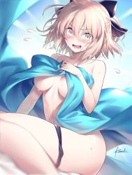 Rule 34 | 1girl, bare shoulders, blonde hair, blush, breasts, cleavage, commentary request, fate/grand order, fate (series), hair ribbon, kousaki rui, large breasts, looking at viewer, okita souji (fate), okita souji (koha-ace), open mouth, panties, ribbon, short hair, smile, solo, surprised, thighhighs, underwear, yellow eyes