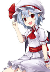 Rule 34 | 1girl, akisome hatsuka, armband, bat wings, blue hair, collarbone, fang, frilled skirt, frilled sleeves, frills, gradient eyes, hair between eyes, hat, hat ribbon, holding, holding clothes, holding hat, looking at viewer, multicolored eyes, open mouth, pointy ears, red armband, red eyes, red neckwear, red ribbon, red sash, remilia scarlet, ribbon, sash, shirt, short hair, short sleeves, simple background, skirt, smile, solo, standing, touhou, white background, white frills, white hat, white shirt, white skirt, white sleeves, wings, wrist cuffs
