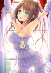Rule 34 | 1girl, arm strap, armpits, backlighting, blush, breasts, cat, cleavage, collarbone, commentary request, curtains, dress, green eyes, hair between eyes, heart, heart necklace, highres, indoors, iwamoto sora, light brown hair, looking at viewer, medium breasts, moe2020, necklace, open mouth, original, see-through, sleeveless, sleeveless dress, solo, strapless, strapless dress, white dress, window