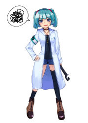 Rule 34 | 1girl, alternate costume, armband, asymmetrical legwear, black socks, blue eyes, blue hair, boots, breasts, brown footwear, choker, cleavage, collarbone, cross-laced footwear, denim, denim shorts, full body, hair bobbles, hair ornament, highres, jewelry, kawashiro nitori, key, key necklace, kneehighs, lab coat, long sleeves, looking at viewer, matching hair/eyes, nagumo (nagumo), nagumo (yshtak), necklace, no headwear, open mouth, pen, short hair, short shorts, shorts, simple background, single kneehigh, single sock, single thighhigh, socks, solo, spoken squiggle, squiggle, sweatdrop, thighhighs, touhou, twintails, two side up, uneven legwear, white background, wrench