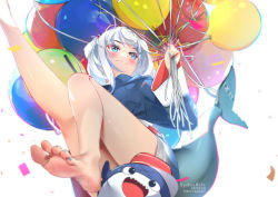 Rule 34 | animal costume, barefoot, bloop (gawr gura), blue eyes, blue hair, blunt bangs, feet, fins, fish tail, gawr gura, hololive, hololive english, legs, medium hair, multicolored hair, nail polish, shark costume, shark girl, shark tail, simple background, soles, streaked hair, sydus, tail, toenail polish, toenails, toes, two side up, virtual youtuber, white background, white hair