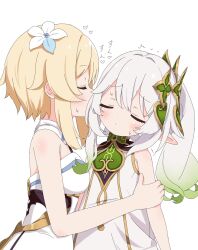 Rule 34 | 2girls, age difference, azbchan1221, bare arms, bare shoulders, blonde hair, blush, breasts, closed eyes, closed mouth, commentary request, dress, flat chest, genshin impact, gradient hair, green hair, hair between eyes, hair ornament, highres, leaf hair ornament, long hair, lumine (genshin impact), medium breasts, multicolored hair, multiple girls, nahida (genshin impact), onee-loli, pointy ears, short hair, side ponytail, simple background, smelling hair, white background, white dress, white hair, yuri