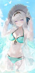 Rule 34 | 1girl, absurdres, alternate costume, alternate hairstyle, aqua bikini, bikini, bird, black hairband, blue pupils, blue sky, blush, breasts, cleavage, cloud, cowboy shot, firefly (honkai: star rail), front-tie bikini top, front-tie top, grey hair, hairband, hands up, hat, highres, holding, holding clothes, holding hat, honkai: star rail, honkai (series), layered bikini, long hair, looking at viewer, medium breasts, navel, nei1122, ocean, open mouth, purple eyes, see-through, see-through shirt, shade, shirt, side-tie bikini bottom, sky, solo, stomach, straw hat, swimsuit, variant set, wading, white bird, white shirt