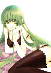 Rule 34 | 1girl, bad id, bad pixiv id, bra, green eyes, green hair, lace, lace-trimmed panties, lace trim, lingerie, long hair, lying, matching hair/eyes, okuma mai, original, panties, smile, solo, thighhighs, underwear, underwear only, very long hair
