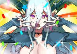 Rule 34 | 1girl, aqua hair, braid, breasts, choker, collarbone, confetti, double v, emotional engine - full drive, fang, fate/grand order, fate (series), fingerless gloves, gloves, green gloves, hair between eyes, hands up, horns, large breasts, long hair, long horns, looking at viewer, nail polish, open mouth, parody, pink eyes, pointy ears, solo, sparkle, star (symbol), striped clothes, striped gloves, summer sky, symbol-shaped pupils, tiamat (fate), twin braids, v, very long hair, yellow background