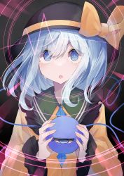 Rule 34 | 1girl, :o, absurdres, blue eyes, blue hair, bow, bright pupils, cardiogram, dark background, eyes visible through hair, frilled shirt collar, frills, hair between eyes, hat, hat bow, highres, komeiji koishi, l neconeco l, light blue hair, light blush, long hair, long sleeves, looking at viewer, open mouth, shirt, simple background, solo, third eye, touhou, upper body, white pupils, wide sleeves, yellow bow, yellow shirt
