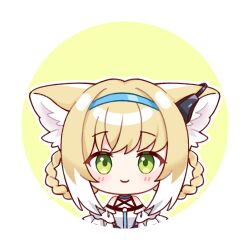 Rule 34 | 1girl, animal ear fluff, animal ears, arknights, bare shoulders, blonde hair, blue hairband, blush, braid, braided hair rings, closed mouth, commentary, earpiece, fox ears, fox girl, green eyes, hair rings, hairband, infection monitor (arknights), lalihop, looking at viewer, outline, portrait, short hair, smile, solo, straight-on, suzuran (arknights), twin braids, white outline, yellow background