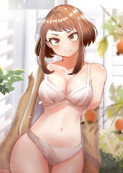 Rule 34 | 1girl, boku no hero academia, bra, breasts, brown eyes, brown hair, cleavage, closed mouth, day, food, fruit, highres, leaf, medium breasts, navel, off shoulder, outdoors, panties, sidelocks, light smile, solo, standing, underwear, uraraka ochako, white bra, white panties, zd (pixiv6210083)