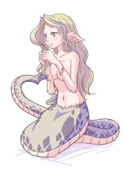 Rule 34 | 1girl, bracelet, breasts, brown eyes, chaos angels, chaosangels, green hair, jewelry, lamia, long hair, monster girl, nude, pointy ears, scales, simple background, solo, white background