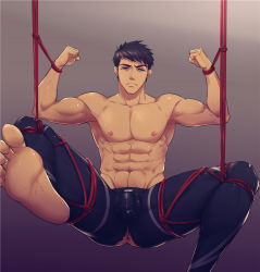 Rule 34 | 10s, 1boy, abs, anus, ass, barefoot, black hair, blue eyes, bulge, cha chi (artist), crotch, feet, free!, male focus, muscular, nipples, restrained, rope, solo focus, toes, topless male, torn clothes, yamazaki sousuke