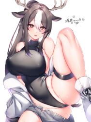 1girl absurdres akris_(deer_chang) animal_ears antlers bare_shoulders black_hair black_leotard blush breasts commentary commission commissioner_name covered_navel deer_antlers deer_ears deer_girl grey_shorts heart highres horns jacket large_breasts leotard long_hair looking_at_viewer multicolored_hair original parted_lips ponytail second-party_source shorts signature simple_background sitting skeb_commission sleeveless_turtleneck_leotard solo streaked_hair thigh_strap thighs white_background white_footwear white_hair white_jacket yutazou