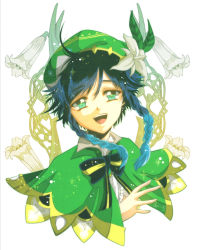 Rule 34 | 1boy, aikosu (icos), black hair, blue hair, braid, commentary, feathers, flower, gem, genshin impact, gradient hair, green eyes, green hat, hat, looking at viewer, male focus, multicolored hair, open mouth, petals, ribbon, simple background, smile, solo, twin braids, upper body, venti (genshin impact), white background