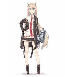 Rule 34 | 1girl, belt, blonde hair, blue eyes, boots, contrapposto, cross-laced footwear, frilled skirt, frills, full body, gauntlets, hand on own hip, horns, jacket, lace-up boots, long hair, looking at viewer, necktie, off shoulder, original, poco (asahi age), power glove, red necktie, shadow, shirt, simple background, skirt, sleeveless, solo, standing, very long hair, white background, white shirt