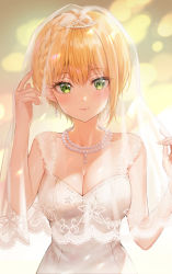 Rule 34 | 1girl, absurdres, arm up, asymmetrical hair, bare arms, blonde hair, blurry, blurry background, blush, bokeh, braid, breasts, bridal veil, bright pupils, cleavage, collarbone, depth of field, dress, earrings, floral print, green eyes, hair between eyes, hand up, highres, idolmaster, idolmaster cinderella girls, idolmaster cinderella girls starlight stage, jewelry, lace-trimmed veil, lace trim, light smile, looking at viewer, medium breasts, miyamoto frederica, necklace, pearl earrings, pearl necklace, see-through, short hair, smile, solo, tiara, tokkyu, upper body, veil, wedding dress, white dress