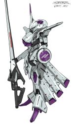 Rule 34 | absurdres, blue eyes, character name, clenched hand, from side, gun, gundam, gundam f91, highres, holding, holding gun, holding weapon, mecha, mobile suit, peter (peter6409), redesign, robot, shield, solo, standing, vigna ghina, weapon