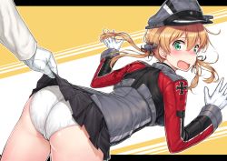Rule 34 | 10s, 1girl, anchor hair ornament, ass, black ribbon, black skirt, blonde hair, blush, clothes lift, commentary request, cross, embarrassed, from behind, gloves, green eyes, hair ornament, hat, highres, iron cross, kantai collection, komase (jkp423), leaning forward, lifting another&#039;s clothes, long sleeves, looking back, low twintails, microskirt, military, military hat, military uniform, open mouth, panties, peaked cap, pleated skirt, prinz eugen (kancolle), ribbon, skirt, skirt lift, solo focus, trefoil, twintails, underwear, uniform, white gloves, white panties