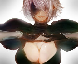 Rule 34 | 1girl, absurdres, black dress, black gloves, blindfold, breasts, cleavage, cleavage cutout, clothing cutout, dress, facing viewer, gloves, hands on own chest, hatsuji horumon, highres, juliet sleeves, large breasts, long sleeves, mole, mole under mouth, nier (series), nier:automata, puffy sleeves, seinen hormone, shiny skin, short hair, silver hair, simple background, smile, solo, upper body, 2b (nier:automata)
