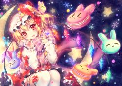 Rule 34 | &gt; &lt;, 1girl, :3, :d, puff of air, = =, > <, adapted costume, blonde hair, bow, cake, closed eyes, flandre scarlet, food, hair bow, hair ribbon, hat, head tilt, looking at viewer, mob cap, open mouth, orange eyes, rabbit, rabbit ornament, ribbon, riichu, scarf, side ponytail, sitting, smile, solo, thighhighs, touhou, white thighhighs, wings, x3, | |