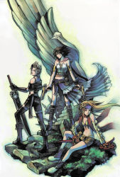 Rule 34 | 00s, 3girls, absurdres, boots, dual wielding, final fantasy, final fantasy x, final fantasy x-2, gun, highres, holding, midriff, multiple girls, nomura tetsuya, official art, paine, paine (ff10), rikku (ff10), scan, sitting, standing, sword, weapon, yuna, yuna (ff10)
