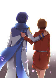 Rule 34 | 1boy, 1girl, belt, blue hair, blue scarf, brown hair, caffein, clothes grab, clothes tug, collar, from behind, gradient background, hand on another&#039;s shoulder, hetero, highres, kaito (vocaloid), long sleeves, meiko (vocaloid), petals, red skirt, scarf, short hair, simple background, skirt, sleeves rolled up, vocaloid, walking