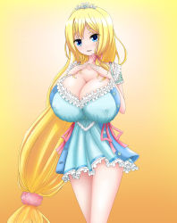 Rule 34 | 1girl, babydoll, blonde hair, blue eyes, blush, breasts, btk, cleavage, covered erect nipples, frills, gradient background, hands on own chest, highres, honoo no haramase oppai shintai sokutei, huge breasts, keikouin yuki, long hair, looking at viewer, open mouth, ribbon, solo, tiara, very long hair
