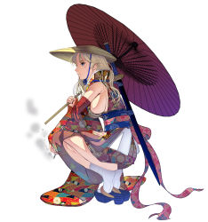Rule 34 | 1girl, blonde hair, blue eyes, breasts, cigarette, commentary request, full body, hat, highres, japanese clothes, katana, kimono, kouno (masao), large breasts, legs together, long hair, no bra, oil-paper umbrella, original, rice hat, sandals, scabbard, scar, sheath, sheathed, sideboob, smoking, socks, solo, squatting, sword, tiptoes, umbrella, weapon, weapon on back, white background