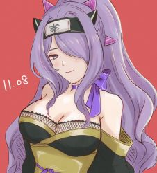 Rule 34 | 1girl, bare shoulders, breasts, camilla (fire emblem), choker, cleavage, dated, fire emblem, fire emblem fates, fire emblem heroes, fishnet top, fishnets, hair over one eye, highres, large breasts, long hair, ninja, nintendo, official alternate costume, purple eyes, purple hair, purple ribbon, red background, ribbon, ribbon choker, shuriken hair ornament, smile, solo, tea6043, upper body