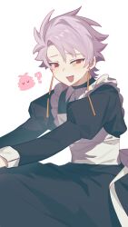 Rule 34 | 1boy, ?, alternate costume, black dress, chinese commentary, collared dress, commentary request, dress, earrings, enmaided, fang, hatsutori hajime, highres, jewelry, long sleeves, maid, male focus, open mouth, puffy sleeves, purple hair, red eyes, rumian75475, saibou shinkyoku, short hair, simple background, smile, theodore riddle, white background