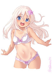 Rule 34 | 1girl, bare arms, blonde hair, blue eyes, blush, bow, bow bra, bow panties, bra, breasts, cropped legs, ebifurya, flower, frilled bra, frilled panties, frills, gluteal fold, groin, hair flower, hair ornament, highres, kantai collection, long hair, looking at viewer, motion lines, navel, one-piece tan, open mouth, panties, pink flower, ro-500 (kancolle), round teeth, simple background, small breasts, smile, solo, tan, tanline, teeth, thighs, twitter username, underwear, underwear only, white background, white bra, white panties