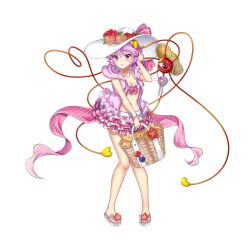Rule 34 | 1girl, basket, bikini, blush, bow, bracelet, breasts, brown hat, cleavage, eyewear on headwear, flower, frilled skirt, frills, full body, game cg, hat, heart, heart-shaped eyewear, heart of string, highres, holding, holding basket, jewelry, komeiji satori, komeiji satori (the girl even the beachgoers fear), looking at viewer, medium breasts, medium hair, navel, open clothes, open mouth, open shirt, pink-tinted eyewear, pink bikini, pink bow, pink eyes, pink hair, plaid, plaid skirt, polka dot, red flower, rotte (1109), short hair, simple background, skirt, solo, straw hat, swimsuit, third-party source, third eye, tinted eyewear, touhou, touhou lostword, white background, white bikini, white hat, yellow-framed eyewear